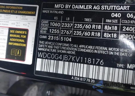 2019 Mercedes-Benz Glc 300 from USA, damaged, VIN WDC0G4JB7KV118176